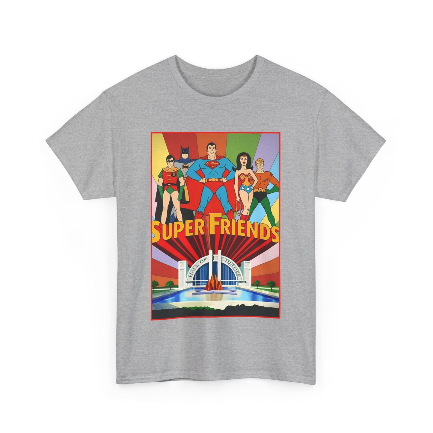 Super Friends T-Shirt - Batman, Superman, Wonder Woman, Robin - Hanna-Barbera Cartoon - DC Comics - Hall of Justice