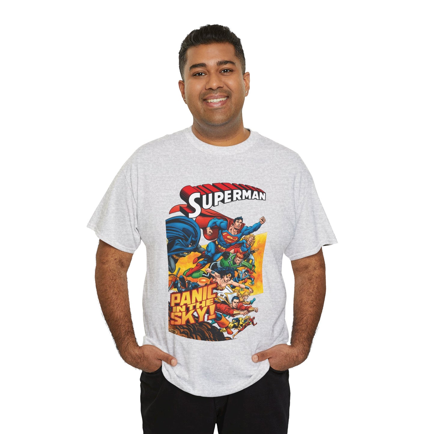 Superman - Panic in the Sky T-Shirt - Dan Jurgens Art - Vs Brainiac & Maxima - Wonder Woman, Booster Gold, Shazam, Batman, Flash, Aquaman, Supergirl - DC Comics