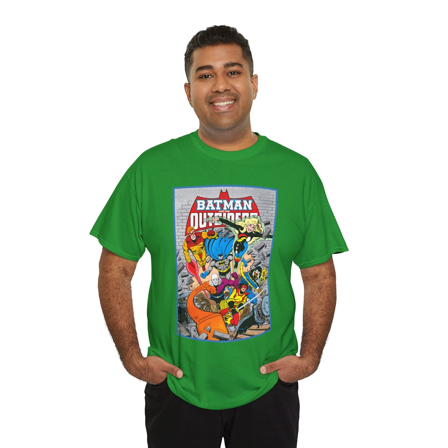 Batman & the Outsiders T-Shirt - Jim Aparo Art - Katana, Geo-Force, Black Lightning, Metamorpho, Halo - DC Comics - 1980s JLA Spin-Off Series