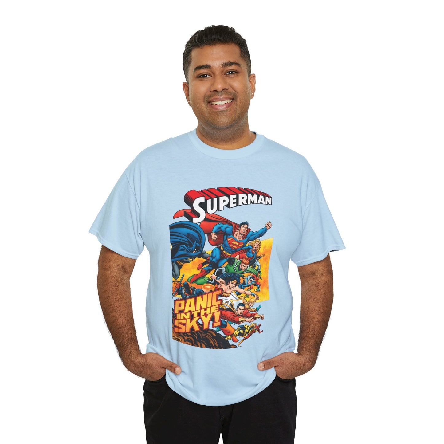 Superman - Panic in the Sky T-Shirt - Dan Jurgens Art - Vs Brainiac & Maxima - Wonder Woman, Booster Gold, Shazam, Batman, Flash, Aquaman, Supergirl - DC Comics