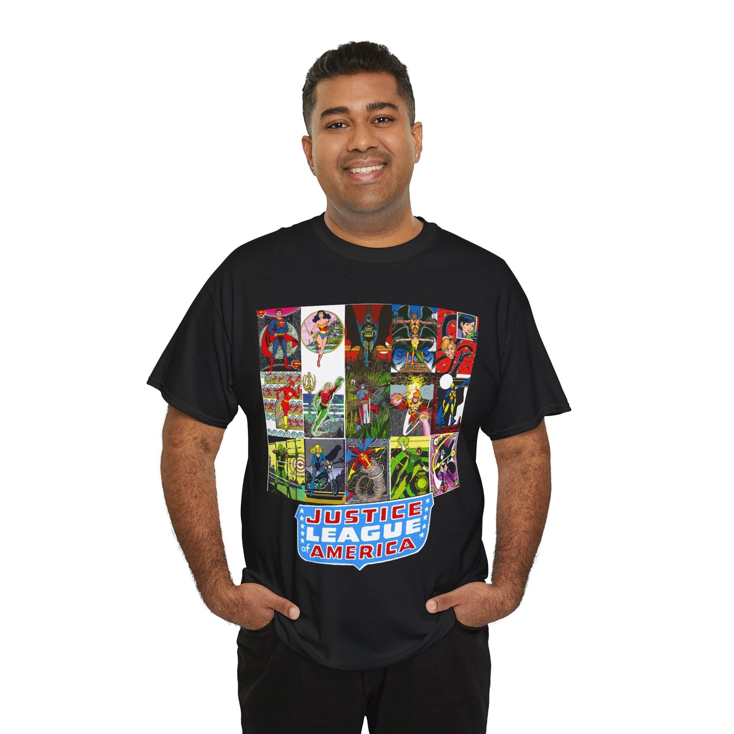 JLA Postcard T-Shirt - George Perez Art - Zatanna, Green Lantern, Flash, Batman, Hawkman, Wonder Woman, Firestorm - Justice League of America - DC Comics
