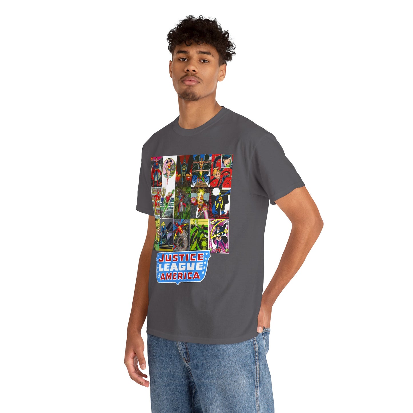 JLA Postcard T-Shirt - George Perez Art - Zatanna, Green Lantern, Flash, Batman, Hawkman, Wonder Woman, Firestorm - Justice League of America - DC Comics