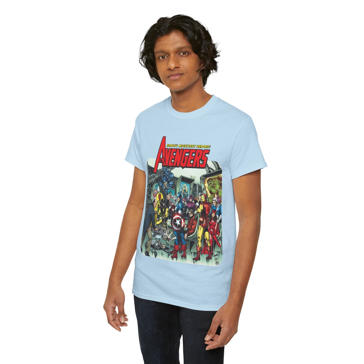 Classic Avengers T-Shirt - George Perez Art - Captain America, Hawkeye, Iron Man, Vision, Scarlet Witch, Quicksilver, Jarvis - Marvel Comics