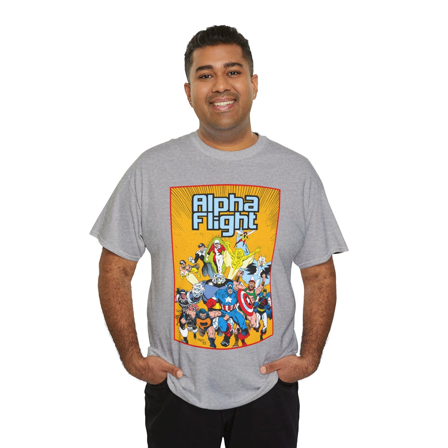 Alpha Flight T-Shirt - Mike Mignola Art - Northstar, Aurora, Snowbird, Shaman, Puck - Avengers: Captain America, Captain Marvel, Hercules, Black Knight - Marvel Comics