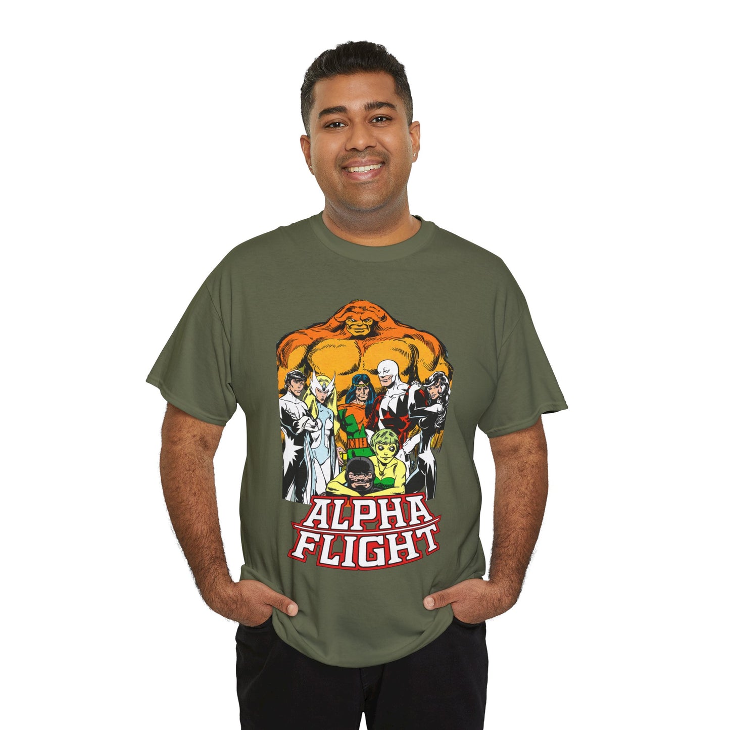Alpha Flight T-Shirt - John Byrne Art - Northstar, Aurora, Guardian, Puck, Snowbird, Shaman, Sasquatch - Canada's Superhero Team - X-Men Connection - Marvel Comics