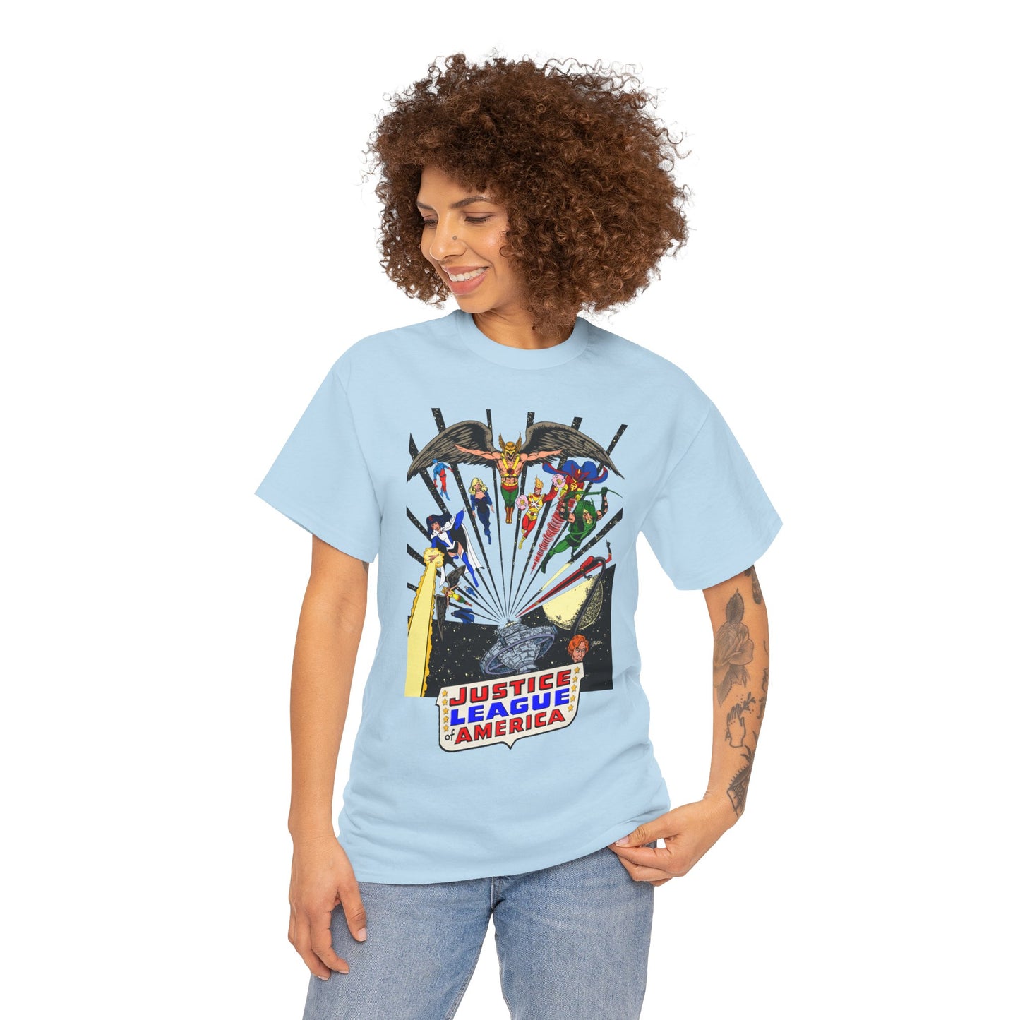 Justice League of America T-Shirt - George Perez Art - Bronze Age Satellite Era - DC Comics - Hawkman, Zatanna, Atom, Firestorm, Elongated Man, Green Arrow