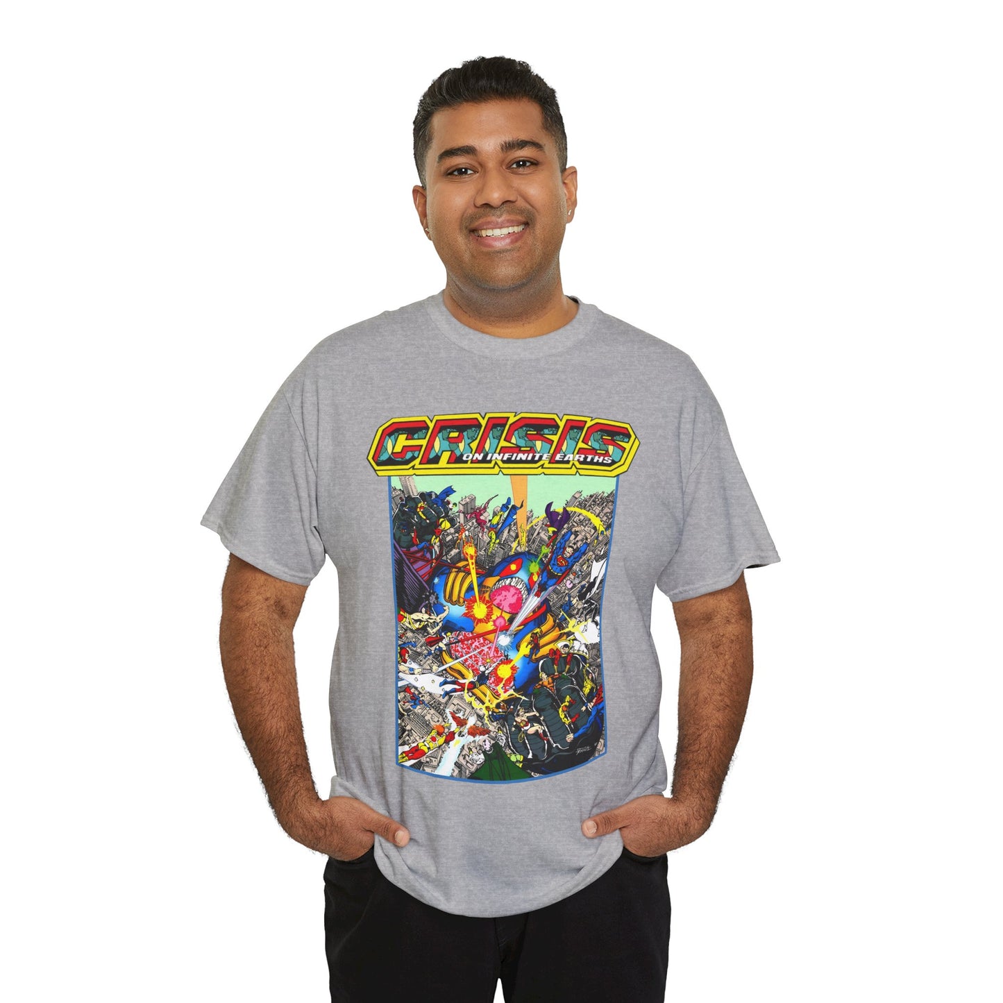 Crisis on Infinite Earths T-Shirt - George Perez Art - Superman, Firestorm, Captain Atom, Wonder Woman, Martian Manhunter Vs The Anti-Monitor - #12 Cover - DC Comics