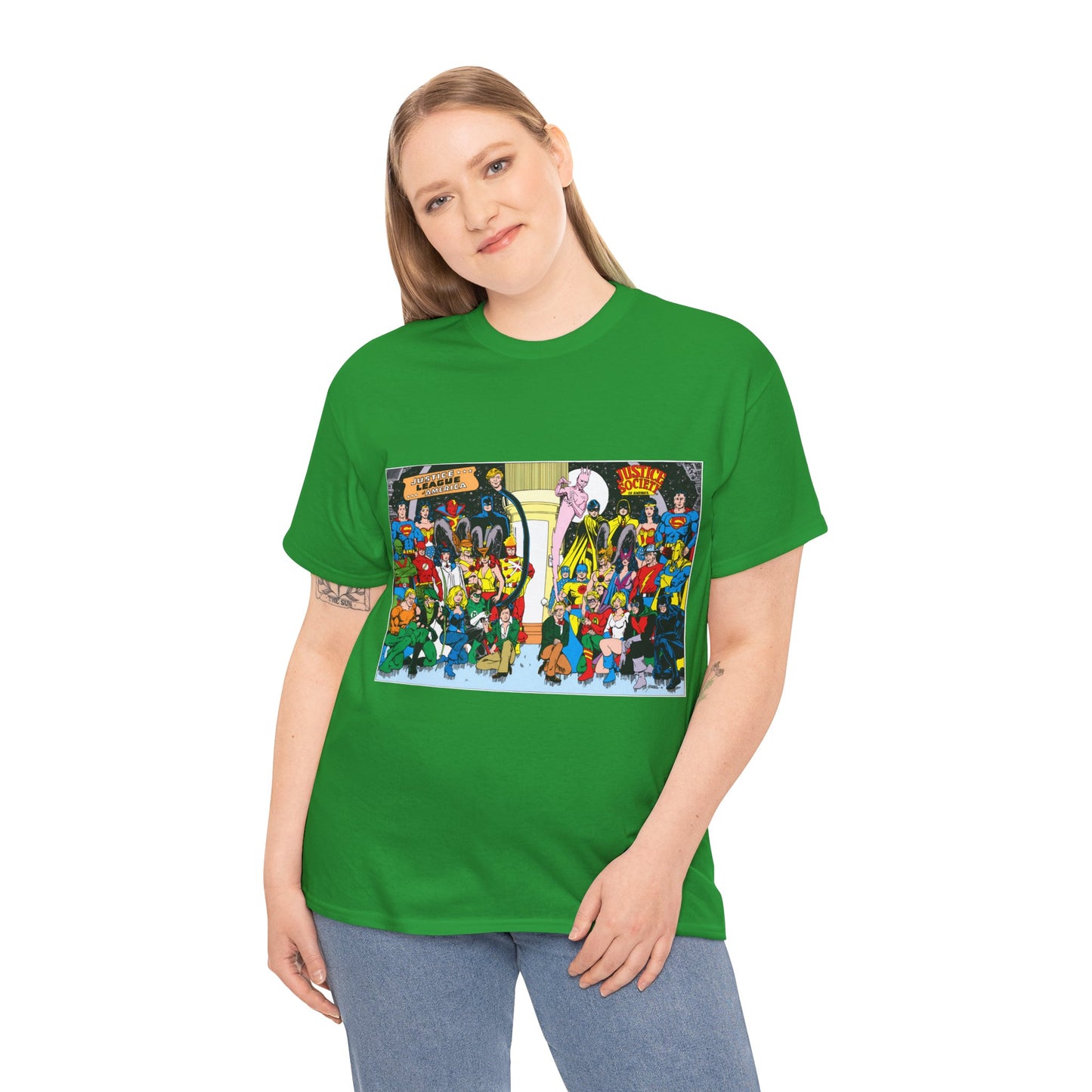 JLA & JSA T-Shirt - George Perez Art - Justice League, Society Team-up - Batman, Wildcat, Dr Fate, Hourman, Firestorm, Superman