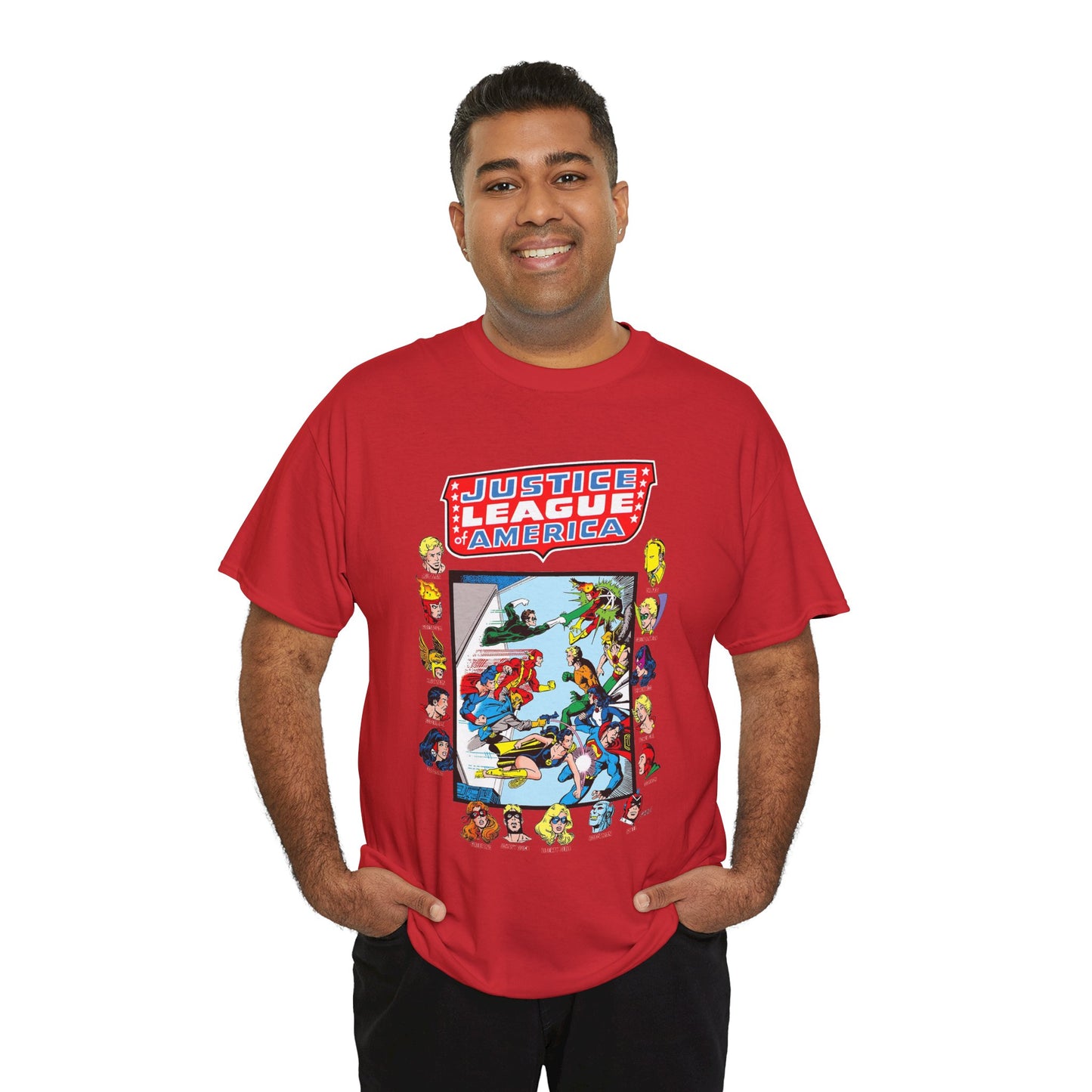 JLA & JSA T-Shirt - George Perez Art - All-Star Squadron - Firestorm, Huntress, Starman, Zatanna, Liberty Belle, Superman, Robotman, Firebrand, Dr Fate - DC Comics