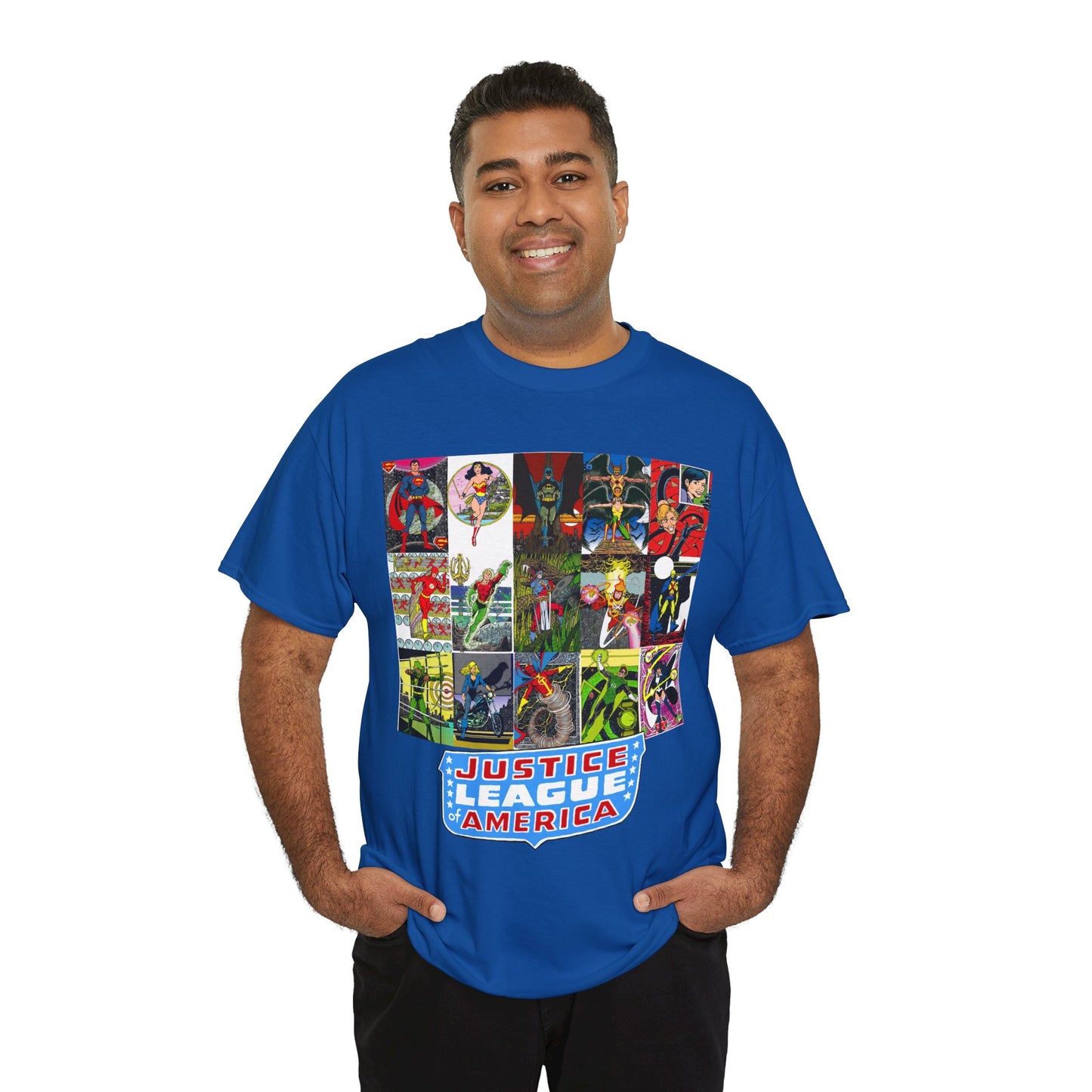 JLA Postcard T-Shirt - George Perez Art - Zatanna, Green Lantern, Flash, Batman, Hawkman, Wonder Woman, Firestorm - Justice League of America - DC Comics