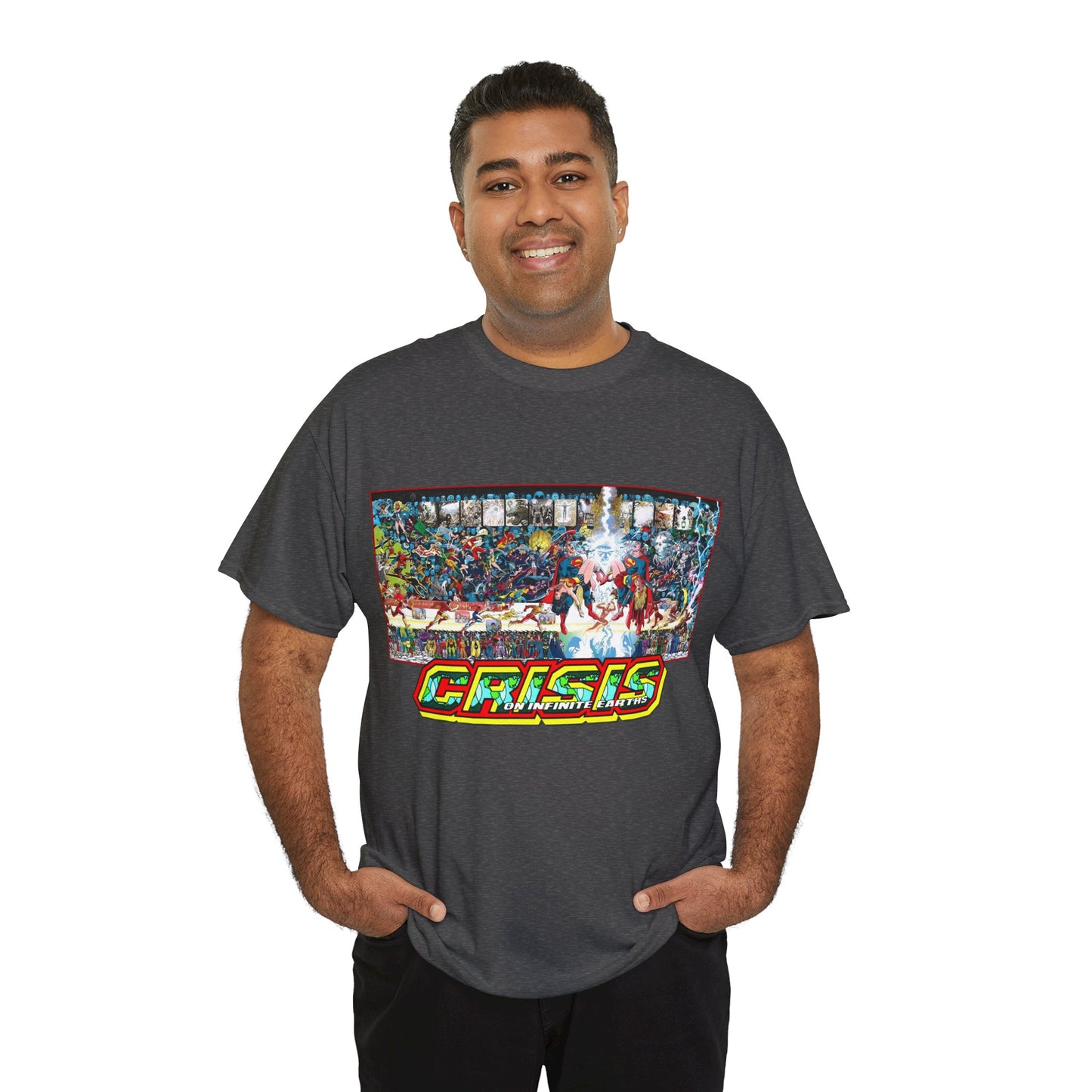 Crisis on Infinite Earths T-Shirt - Jerry Ordway/George Perez Art - Updated 2025 Poster Art - Superman, Wonder Woman, Supergirl, Flash, Harbinger, Pariah, Obsidian, Firestorm - DC Comics