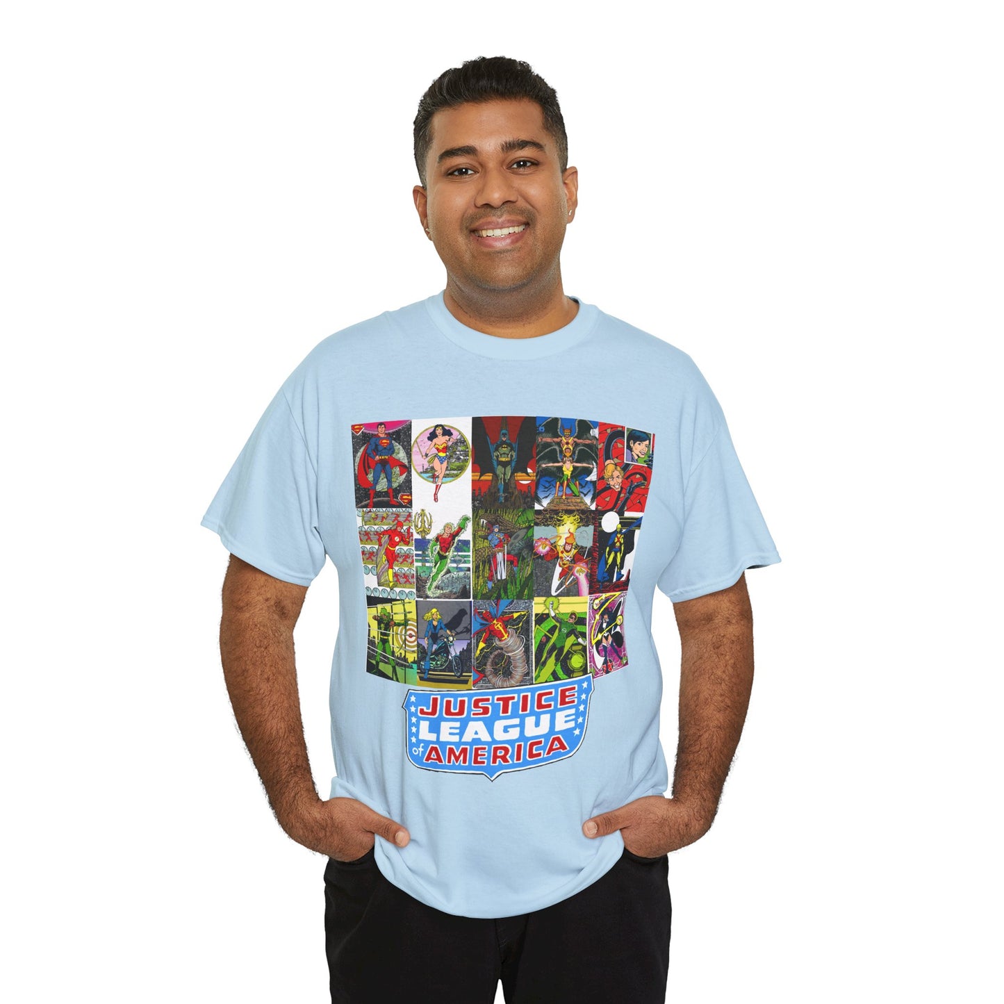 JLA Postcard T-Shirt - George Perez Art - Zatanna, Green Lantern, Flash, Batman, Hawkman, Wonder Woman, Firestorm - Justice League of America - DC Comics