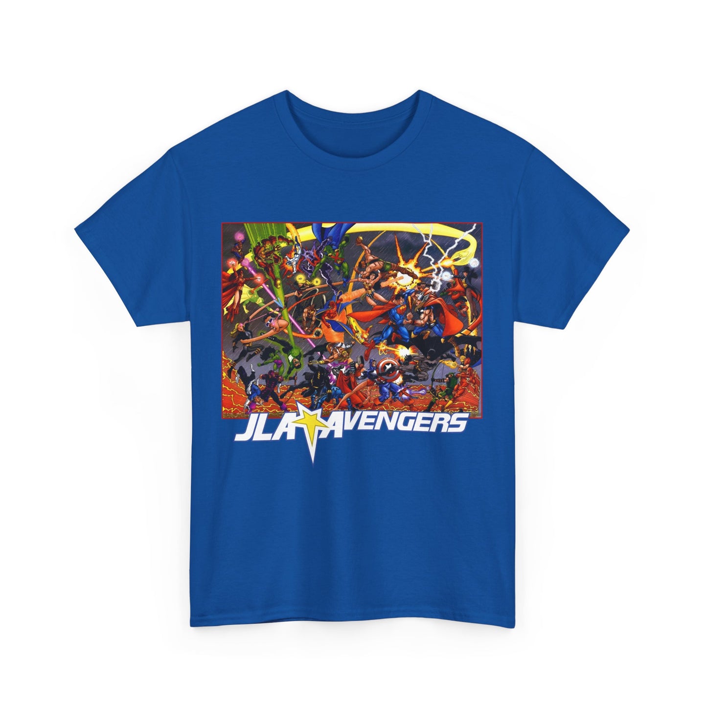 Avengers Vs JLA T-Shirt - Stunning George Perez Art - Marvel & DC Comics Crossover - Thor, Superman, Wonder Woman, Hercules, Iron Man, Batman, Black Canary, Scarlet Witch, Wonder Man, Martian Manhunter