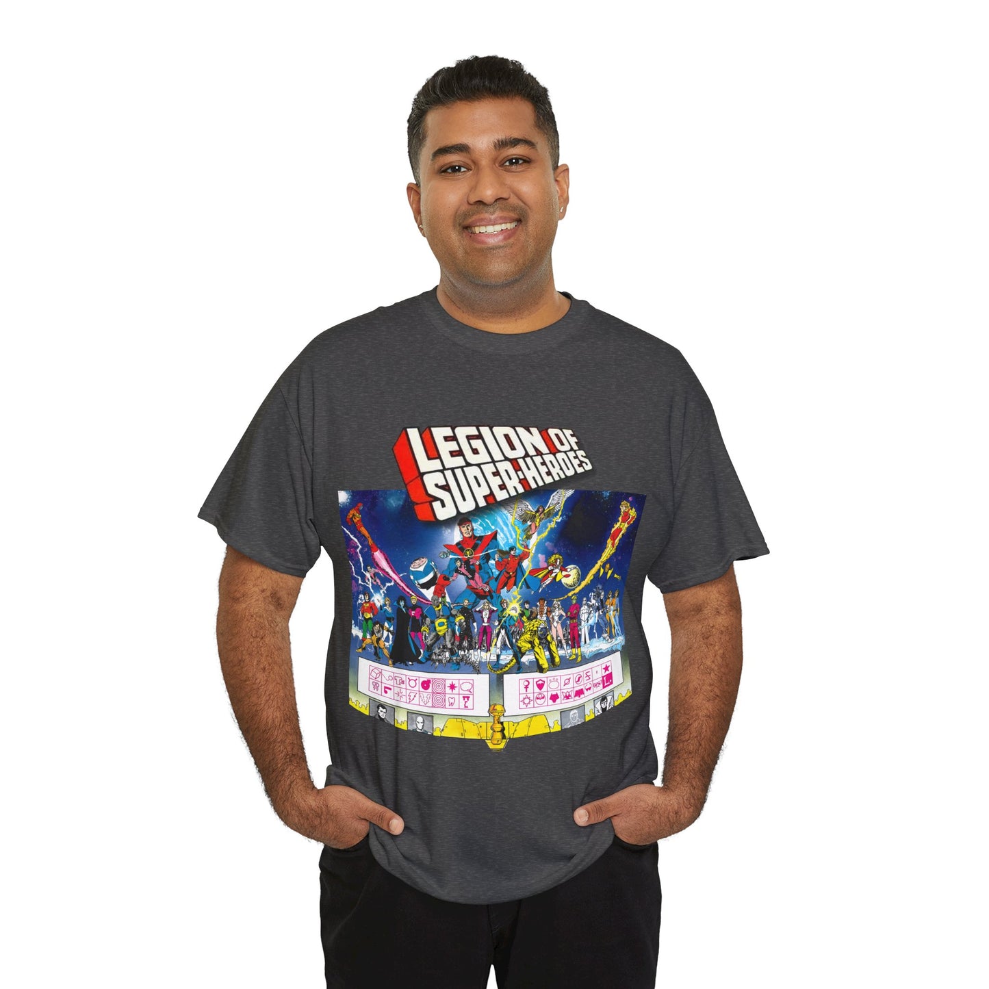 Legion of Super-Heroes T-Shirt - Gorgeous George Perez Art - History of the DC Universe - Lightning Lad, Timber Wolf, Wildfire, Sun Boy, Chamelon Boy - DC Comics
