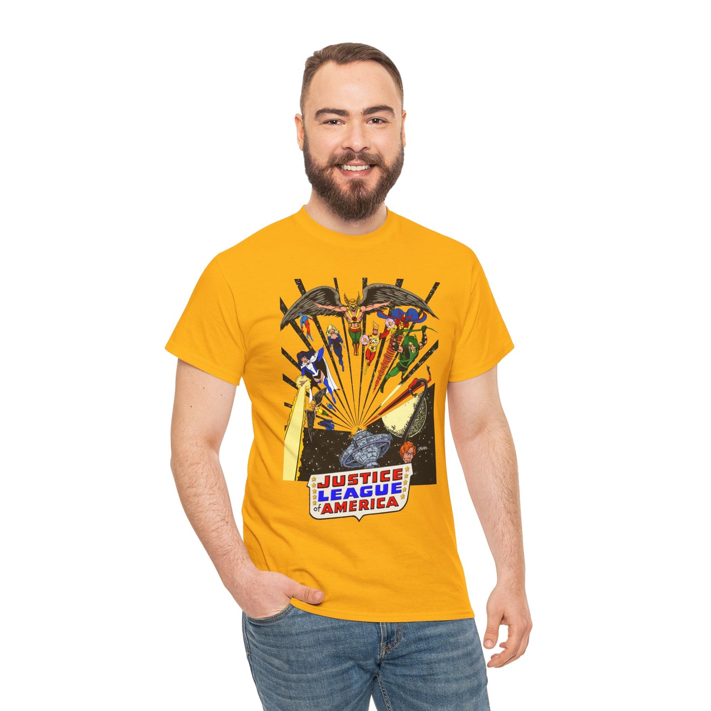 Justice League of America T-Shirt - George Perez Art - Bronze Age Satellite Era - DC Comics - Hawkman, Zatanna, Atom, Firestorm, Elongated Man, Green Arrow