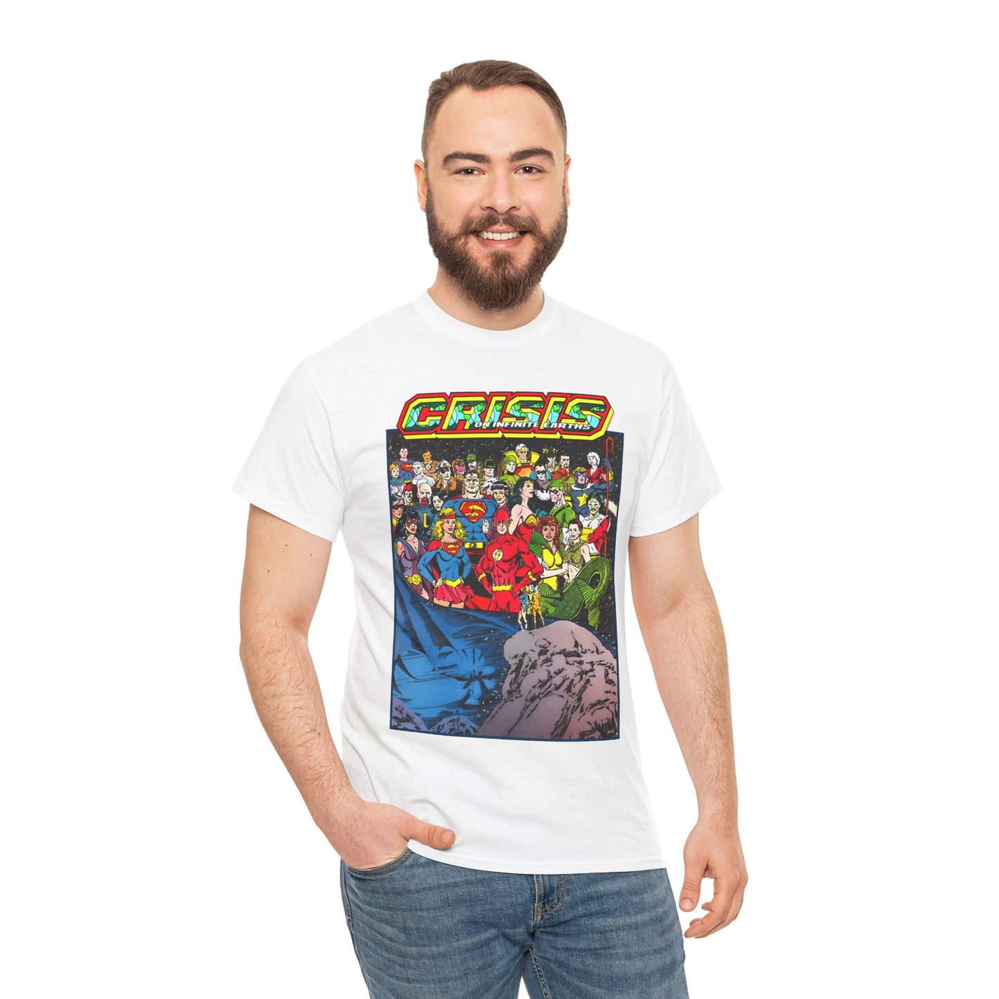 Crisis on Infinite Earths T-Shirt - George Perez Art - Supergirl, Flash, Huntress, Starman, Earth 3 Luthor, Lori Lemaris, Aquagirl, Earth 2 Robin - DC Comics