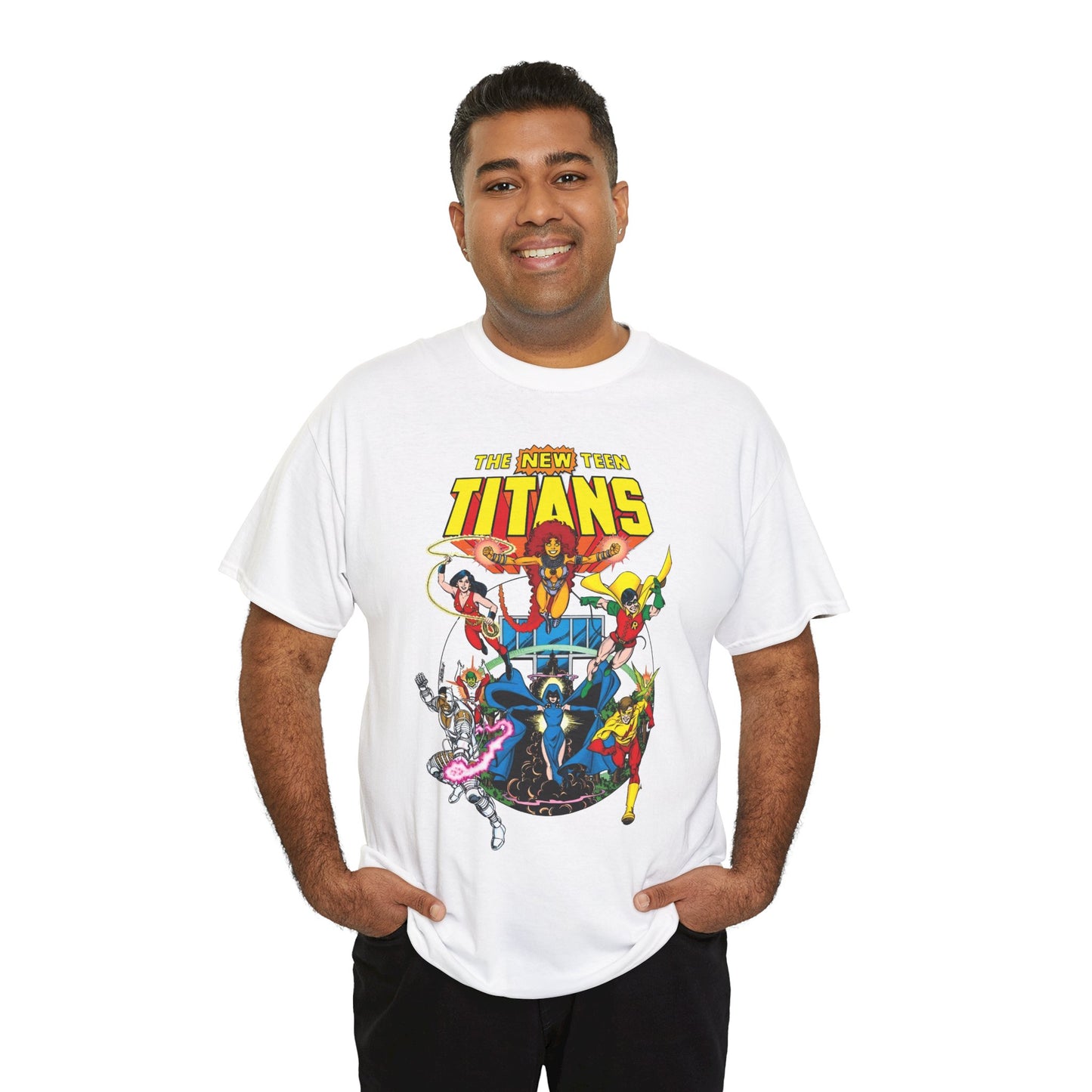 New Teen Titans T-Shirt - Classic George Perez Art - Cyborg, Raven, Starfire, Robin, Wonder Girl, Changeling, Kid Flash - Titans Tower - Popular DC Comics 1980s Series