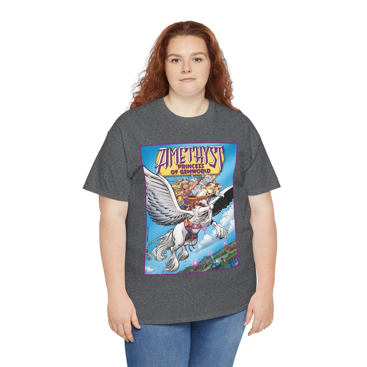 Amethyst Princess of Gemworld T-Shirt - George Perez Art - DC Comics 1980s Series - Riding a Unicorn