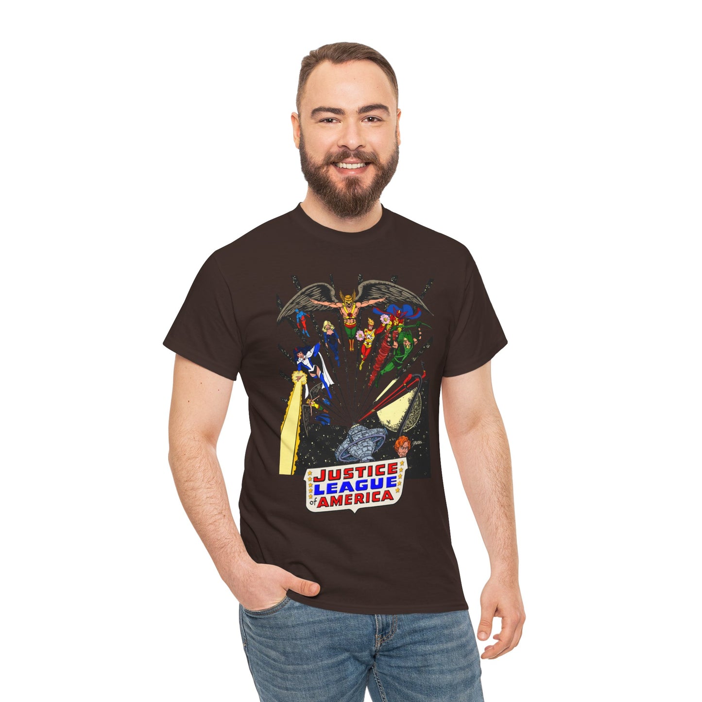 Justice League of America T-Shirt - George Perez Art - Bronze Age Satellite Era - DC Comics - Hawkman, Zatanna, Atom, Firestorm, Elongated Man, Green Arrow