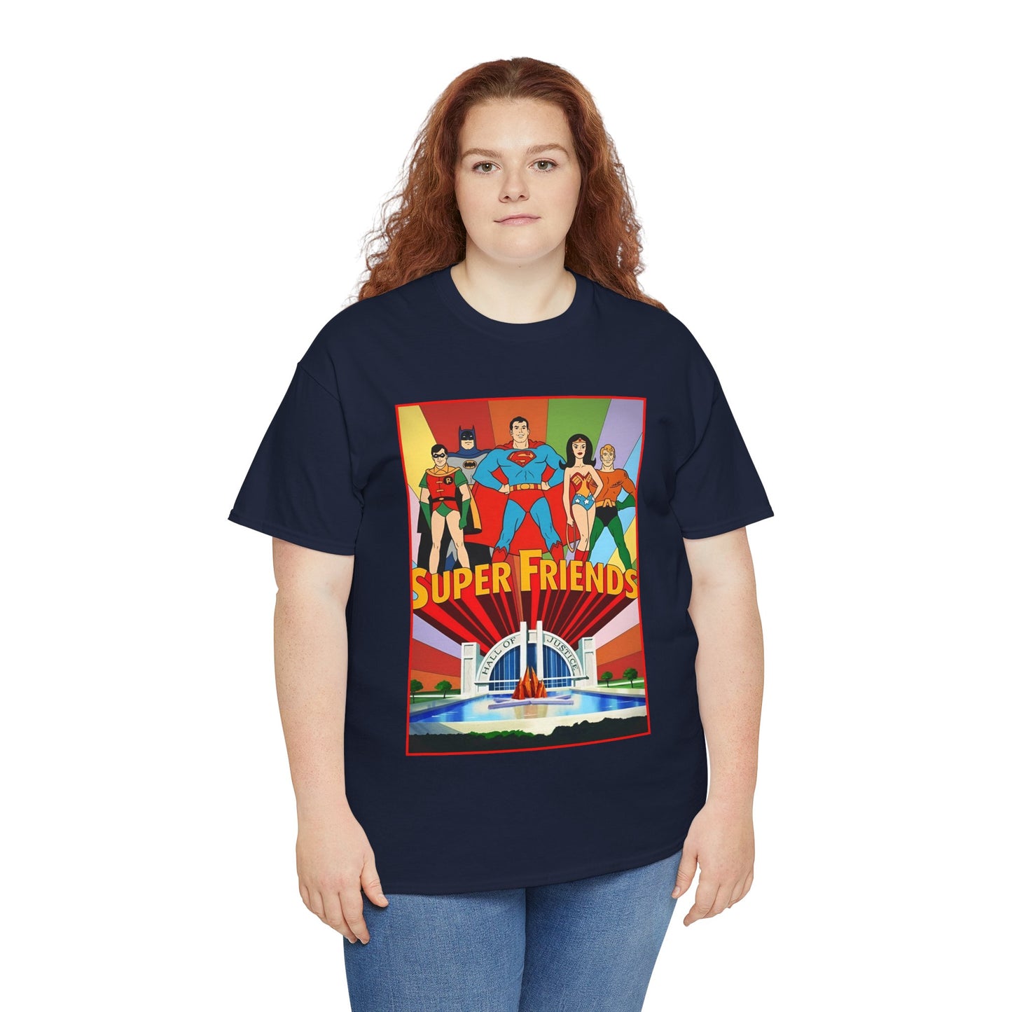 Super Friends T-Shirt - Batman, Superman, Wonder Woman, Robin - Hanna-Barbera Cartoon - DC Comics - Hall of Justice