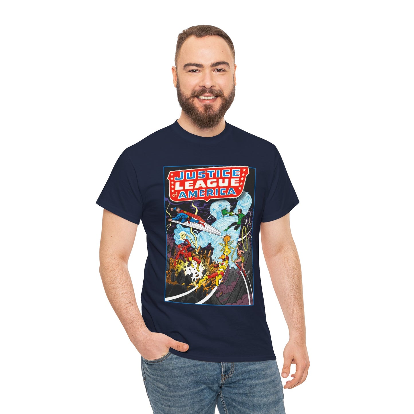 Justice League T-Shirt - George Perez Art - Tornado Tyrant - Superman, Firestorm, Flash, Wonder Woman, Green Lantern - DC Comics