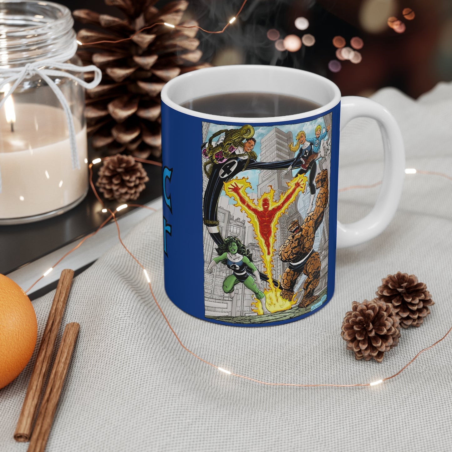 Fantastic Four Coffee Mug, 11oz - John Byrne Art - Marvel Comics - Human Torch, Reed Richards, Invisible Woman, The Thing, She-Hulk