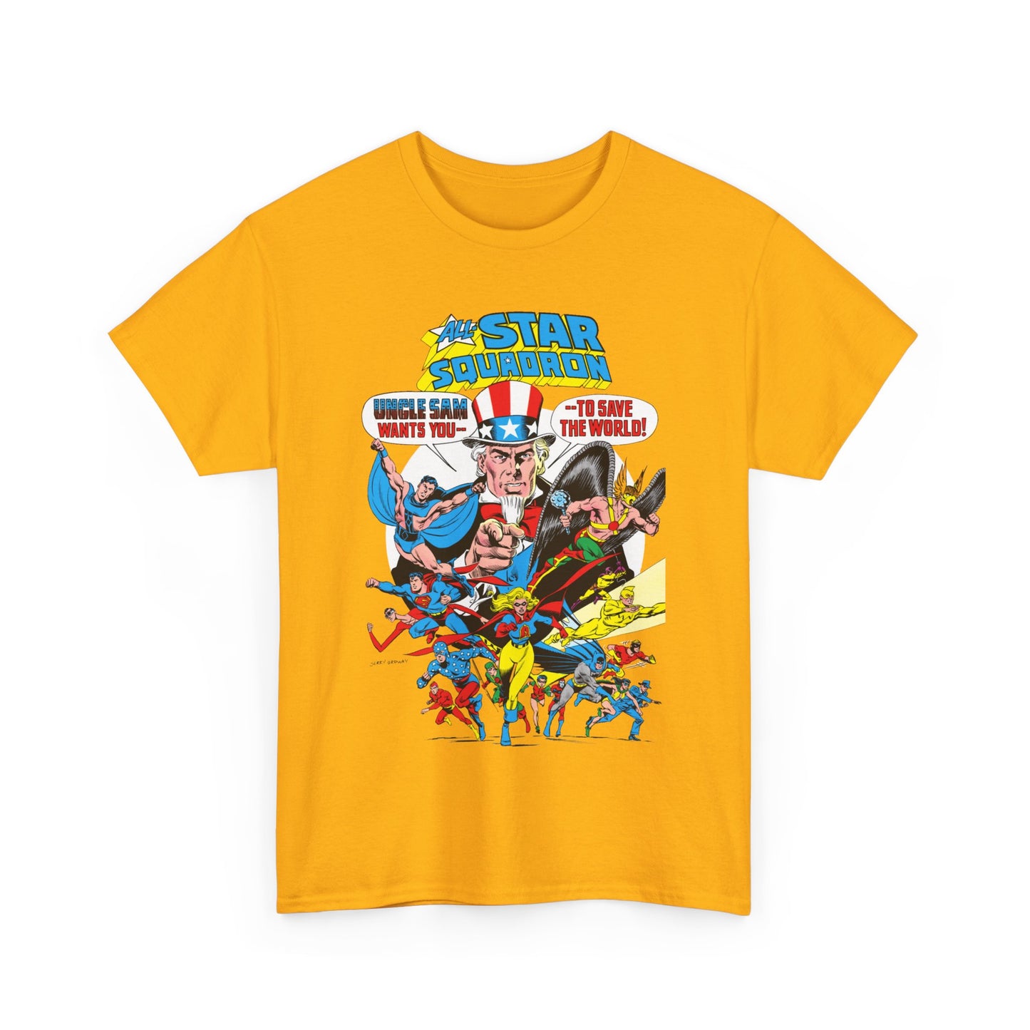 All-Star Squadron T-Shirt - Jerry Ordway Art - Uncle Sam, Hawkman, Superman, Liberty Belle, Black Condor, the Ray, Batman, Plastic Man - JSA Link - DC Comics
