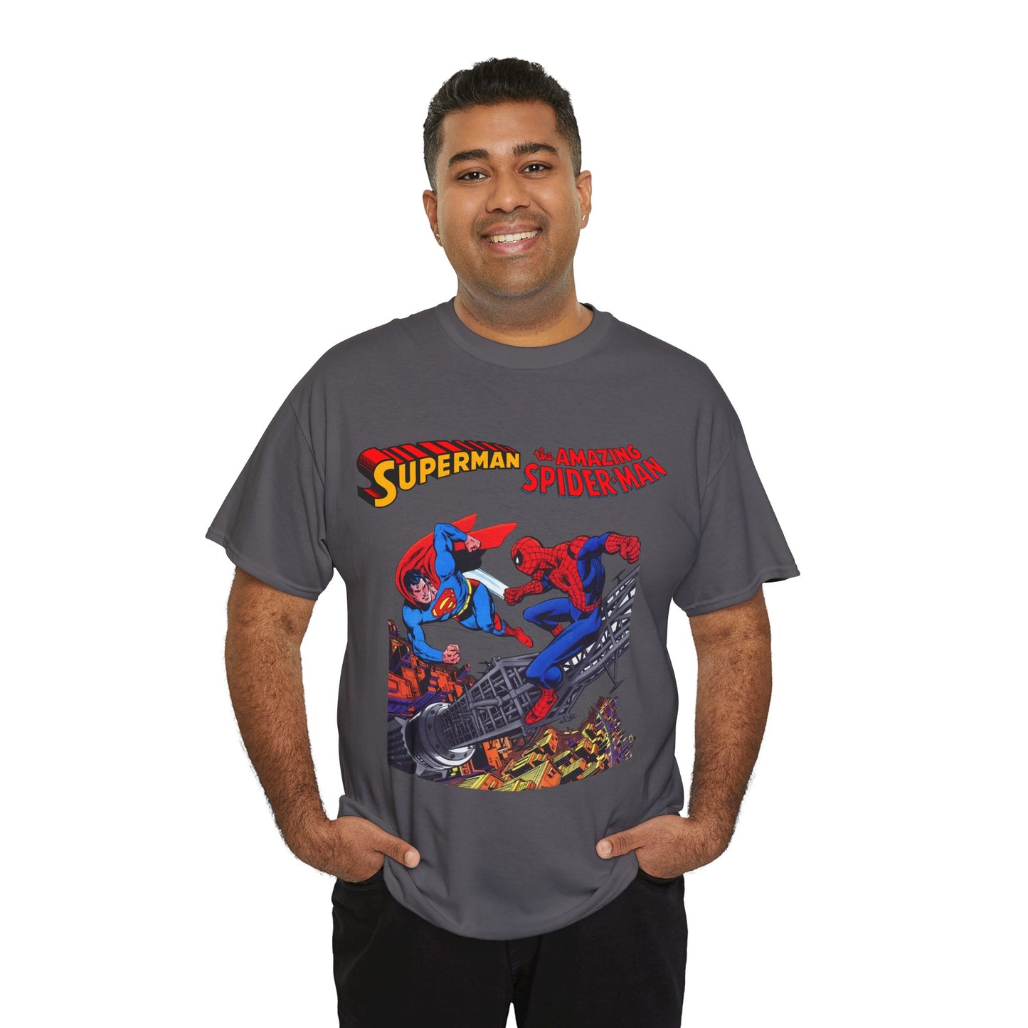 Superman & Amazing Spider-Man T-Shirt - DC/Marvel Comics Crossover - 1970s - Clark Kent & Peter Parker
