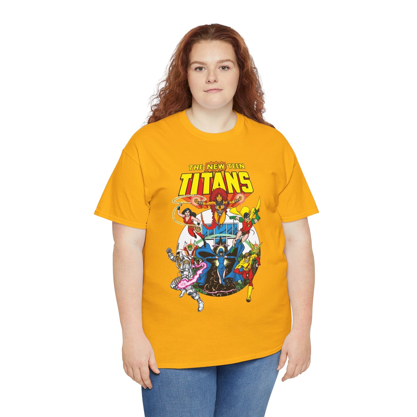 New Teen Titans T-Shirt - Classic George Perez Art - Cyborg, Raven, Starfire, Robin, Wonder Girl, Changeling, Kid Flash - Titans Tower - Popular DC Comics 1980s Series