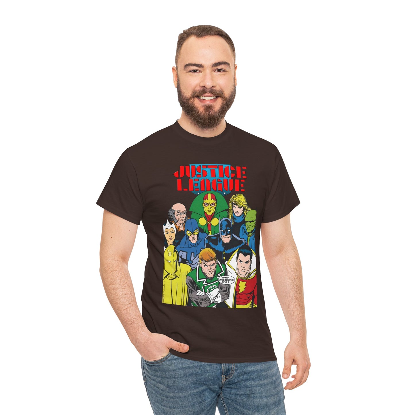 Justice League International T-Shirt - Kevin Maguire Art - JLI - DC Comics - Blue Beetle, Dr Fate, Batman, Mr Miracle, Martian Manhunter - Guy Gardner