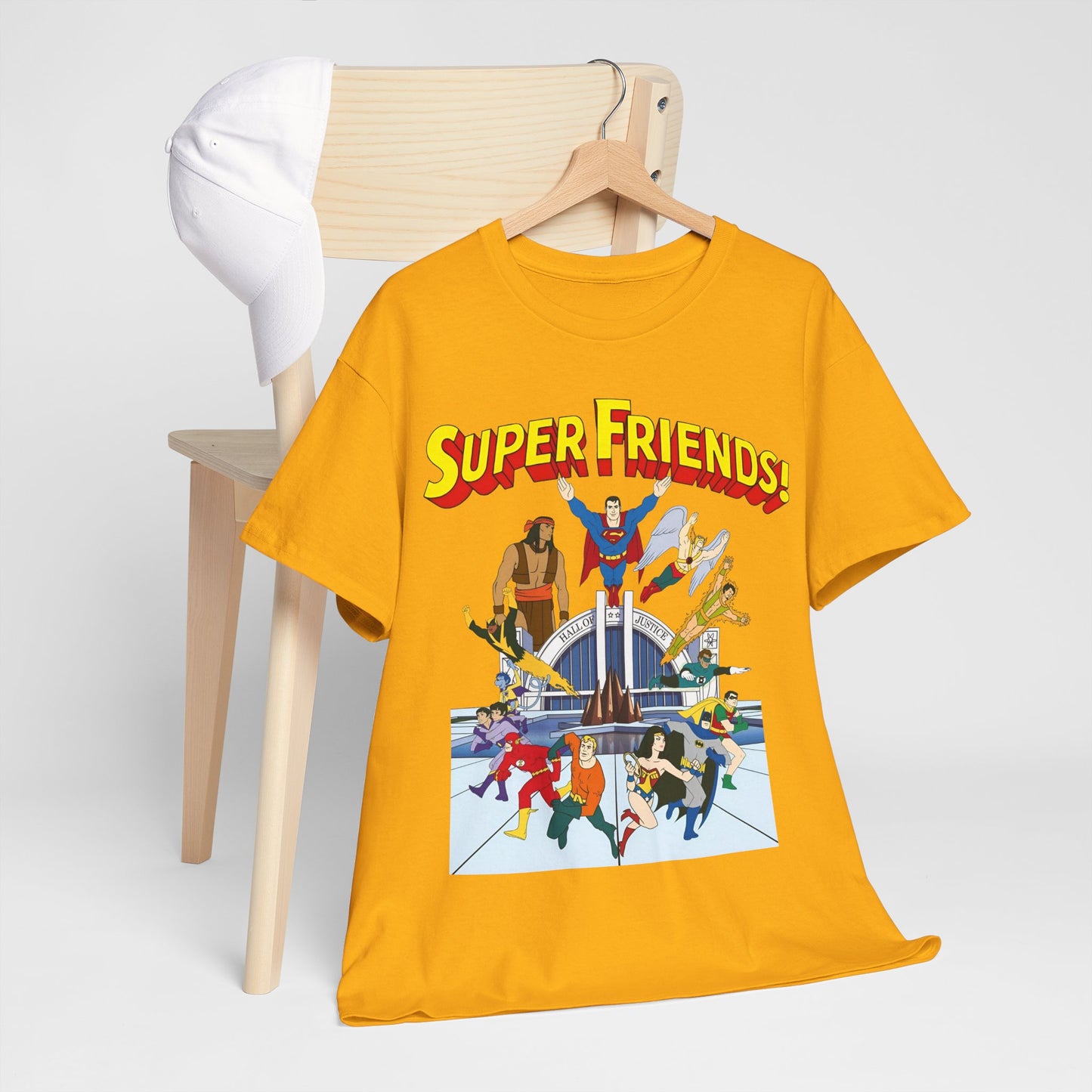 Super Friends T-Shirt - DC Hanna-Barbera - Superman, Wonder Woman, Black Vulcan, Batman, The Wonder Twins, Apache Chief, Hall of Justice