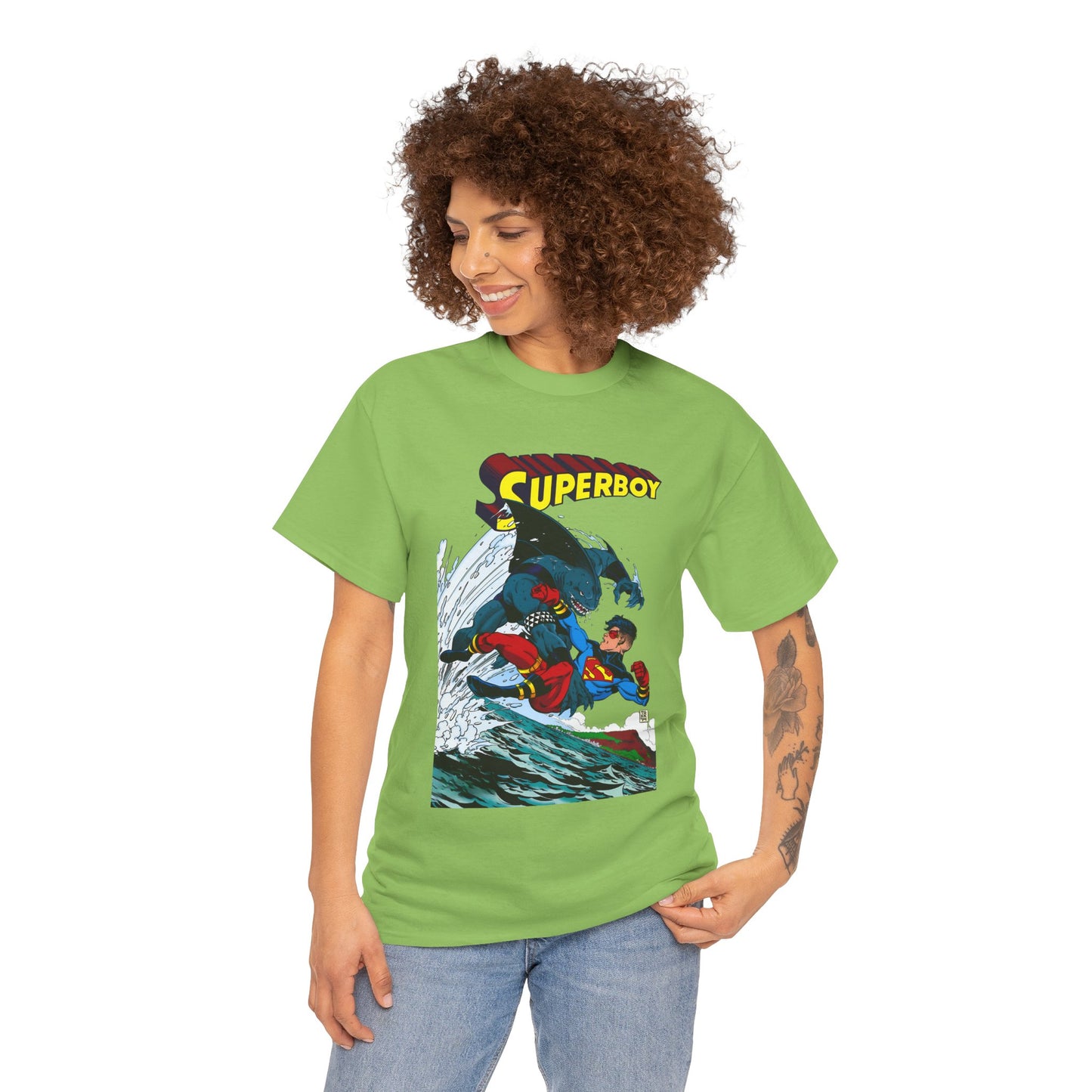 King Shark Vs Superboy T-Shirt - Tom Grummett Art - Connor Kent, Kon-L - Superman Family - DC Comics