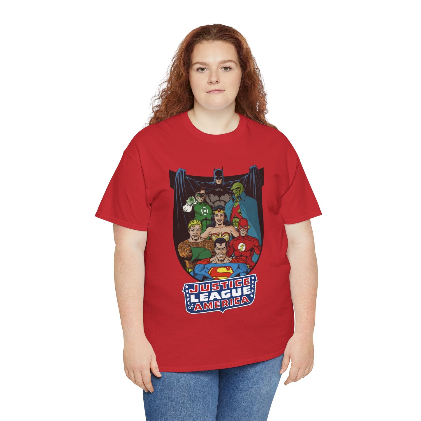 Justice League of America T-Shirt - George Perez Art - Superman, Wonder Woman, Batman, Aquaman, Martian Manhunter, Flash, Green Lantern - DC Comics