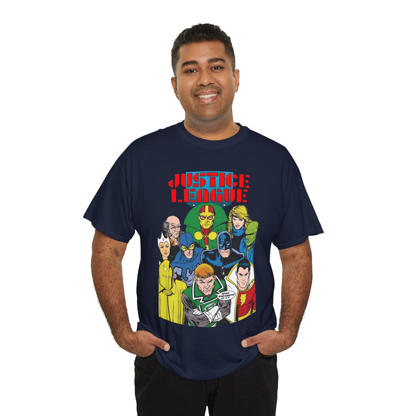 Justice League International T-Shirt - Kevin Maguire Art - JLI - DC Comics - Blue Beetle, Dr Fate, Batman, Mr Miracle, Martian Manhunter - Guy Gardner