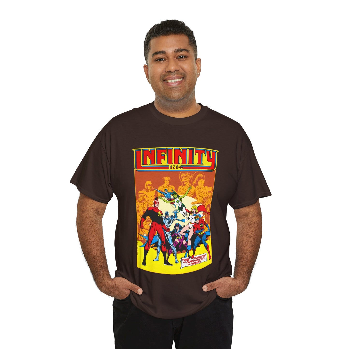 Infinity, Inc T-Shirt - Jerry Ordway Art - Silver Scarab, Huntress, Power Girl, Star-Spangled Kid, Fury, Jade - DC Comics - 1980s JSA Spin-Off Series
