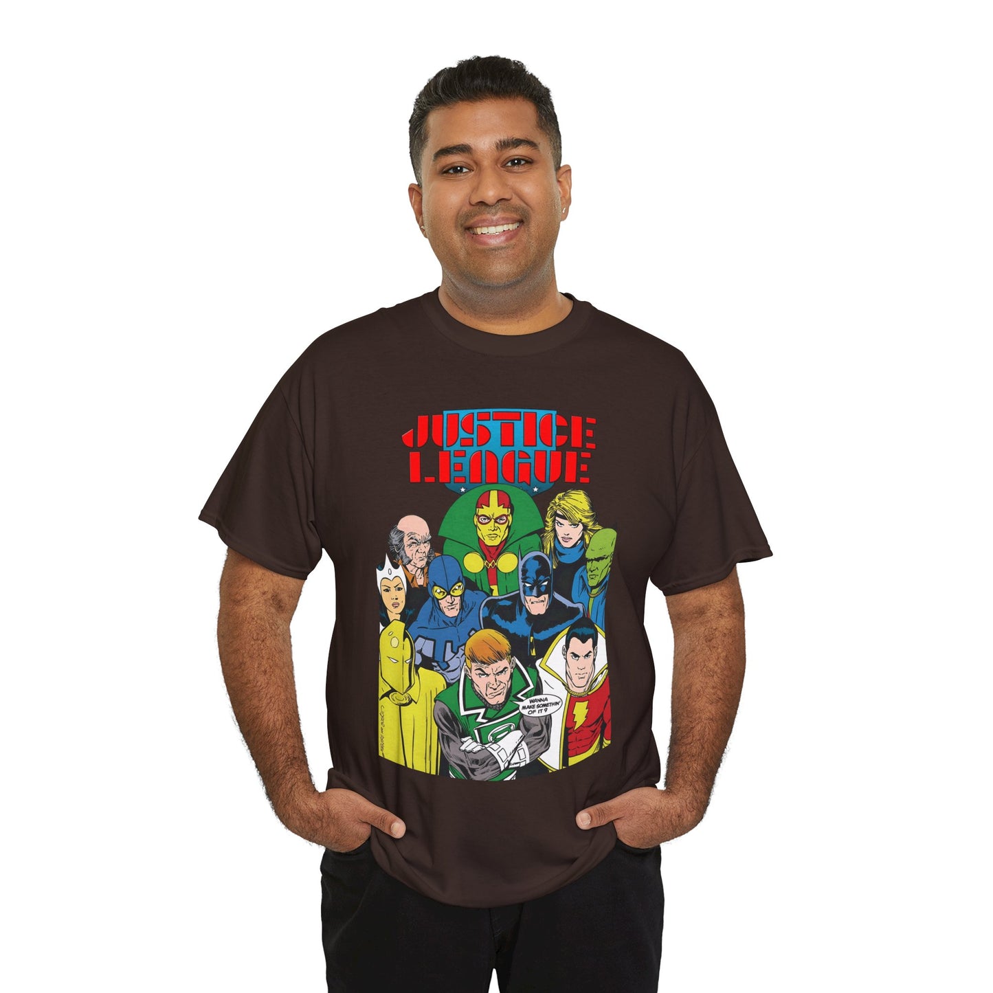 Justice League International T-Shirt - Kevin Maguire Art - JLI - DC Comics - Blue Beetle, Dr Fate, Batman, Mr Miracle, Martian Manhunter - Guy Gardner