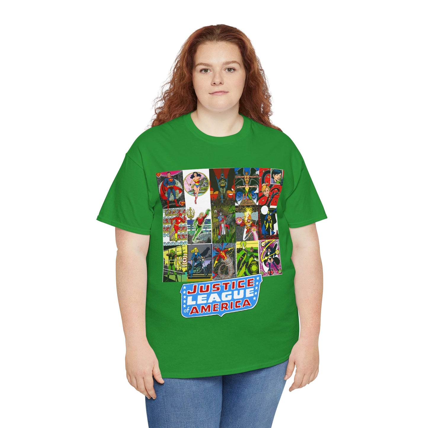 JLA Postcard T-Shirt - George Perez Art - Zatanna, Green Lantern, Flash, Batman, Hawkman, Wonder Woman, Firestorm - Justice League of America - DC Comics