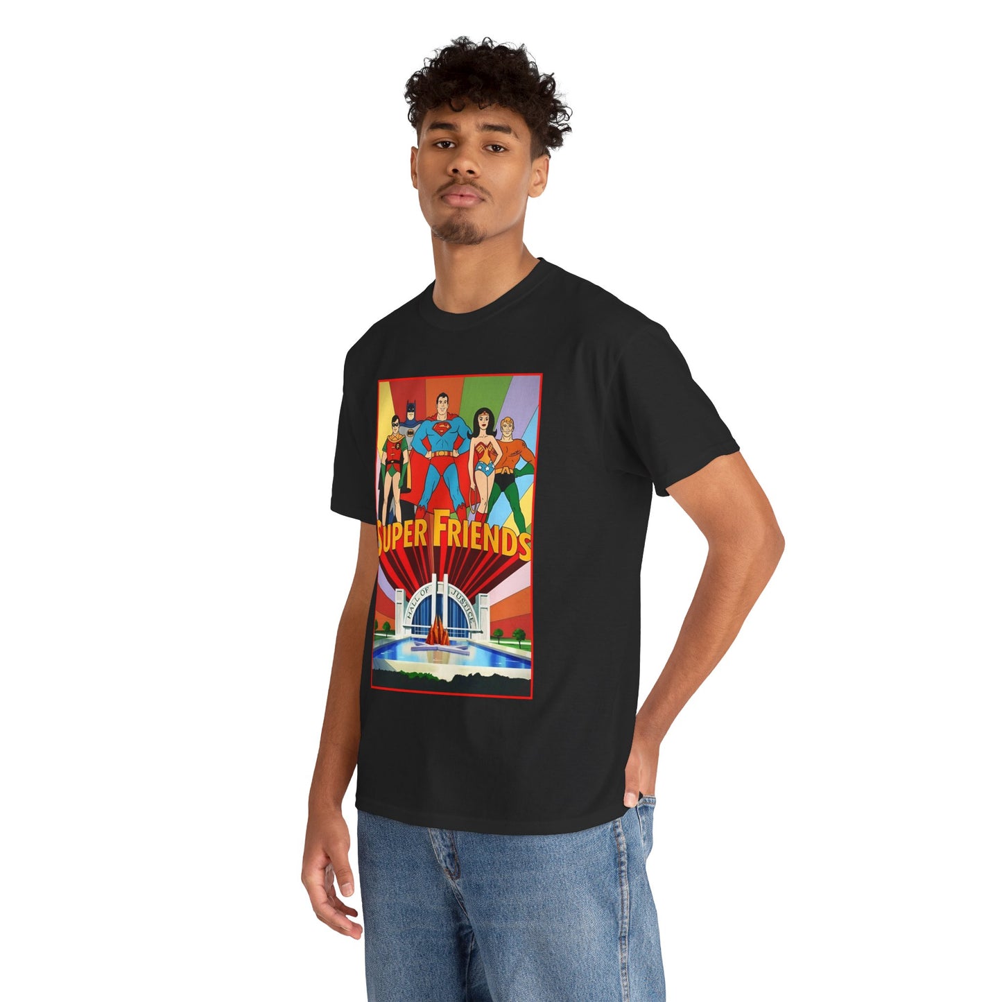 Super Friends T-Shirt - Batman, Superman, Wonder Woman, Robin - Hanna-Barbera Cartoon - DC Comics - Hall of Justice