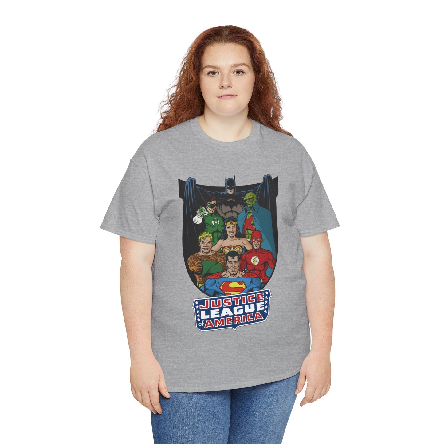 Justice League of America T-Shirt - George Perez Art - Superman, Wonder Woman, Batman, Aquaman, Martian Manhunter, Flash, Green Lantern - DC Comics
