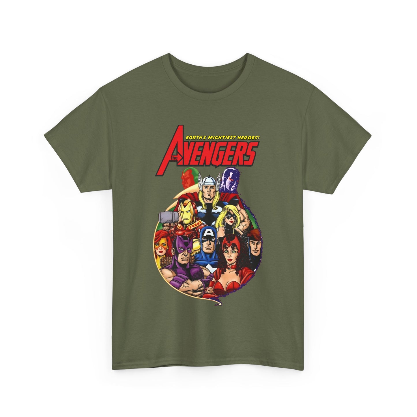 Avengers T-Shirt - George Perez Art - Captain America, Vision, Wonder Man, Iron Man, Thor, Hawkeye, Scarlet Witch - Popular Marvel Comics Characters