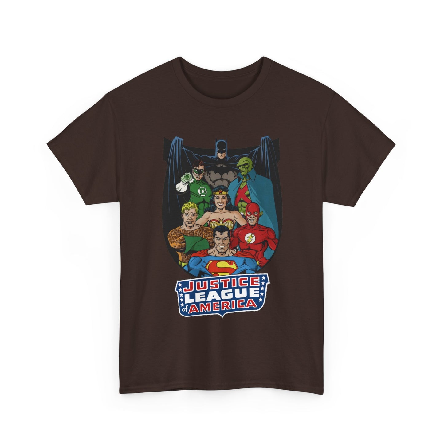 Justice League of America T-Shirt - George Perez Art - Superman, Wonder Woman, Batman, Aquaman, Martian Manhunter, Flash, Green Lantern - DC Comics