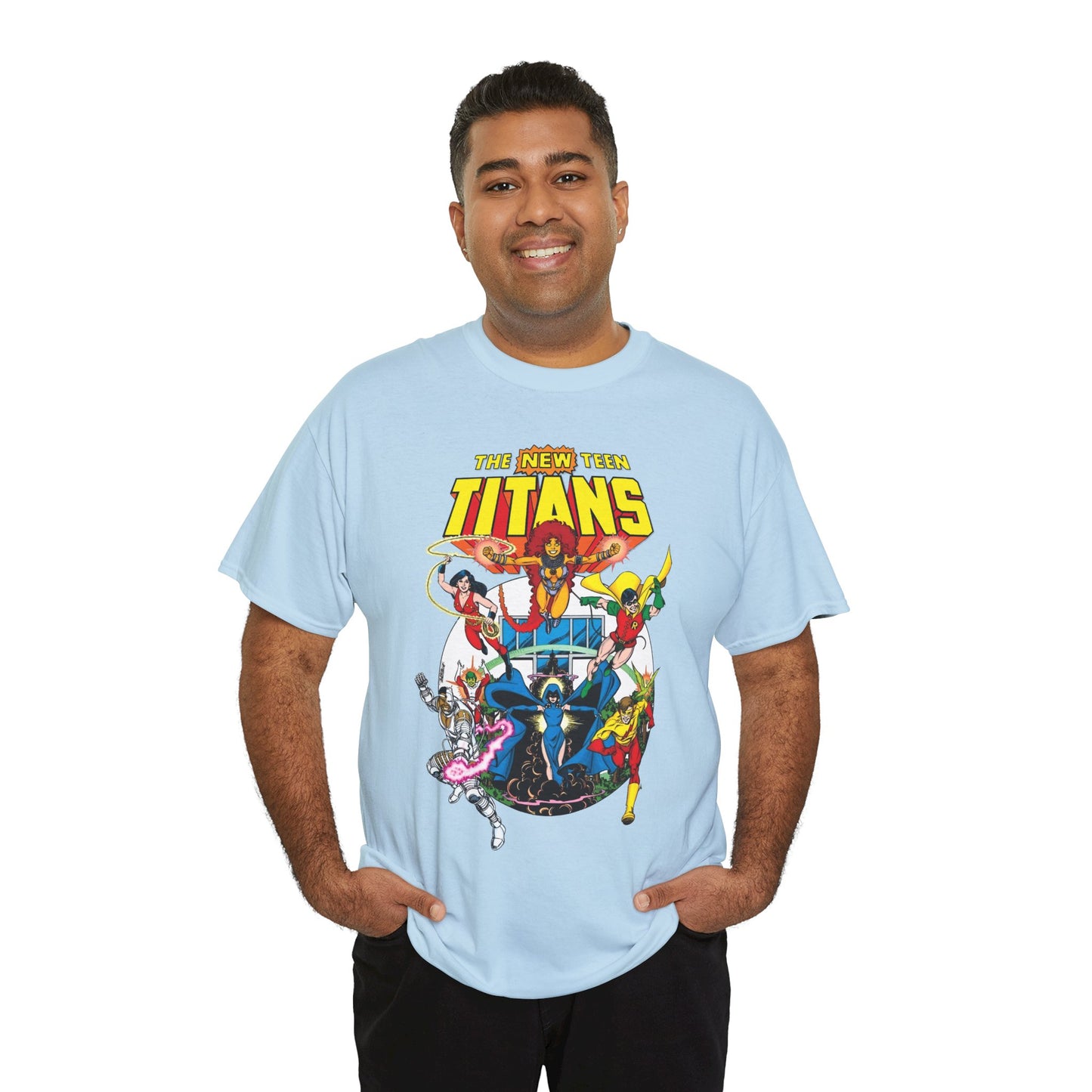 New Teen Titans T-Shirt - Classic George Perez Art - Cyborg, Raven, Starfire, Robin, Wonder Girl, Changeling, Kid Flash - Titans Tower - Popular DC Comics 1980s Series