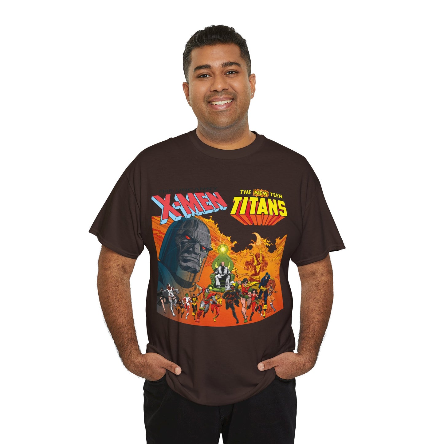 X-Men & New Teen Titans T-Shirt - Walt Simonson Art - Marvel & DC Comics Crossover - Wolverine, Raven, Storm, Cyclops, Robin, Cyborg, Colossus, Dark Phoenix, Darkseid
