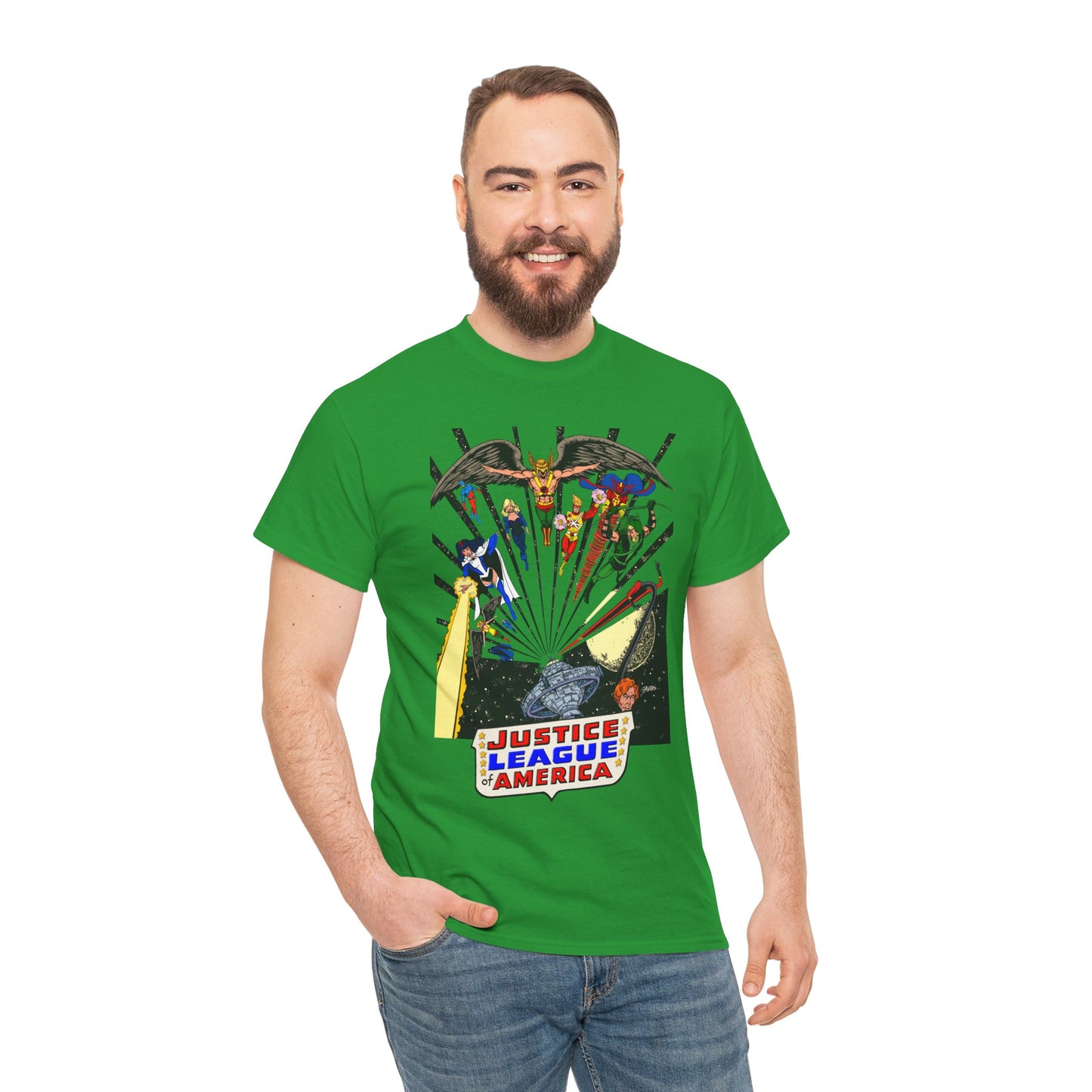 Justice League of America T-Shirt - George Perez Art - Bronze Age Satellite Era - DC Comics - Hawkman, Zatanna, Atom, Firestorm, Elongated Man, Green Arrow