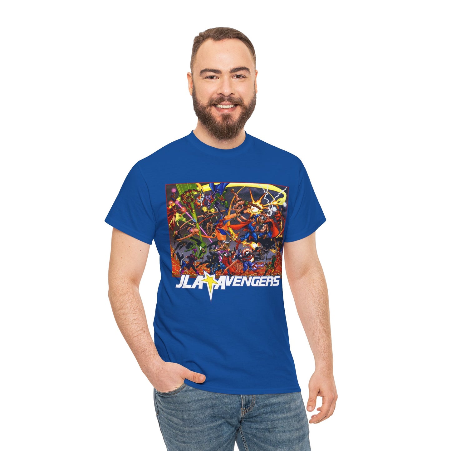 Avengers Vs JLA T-Shirt - Stunning George Perez Art - Marvel & DC Comics Crossover - Thor, Superman, Wonder Woman, Hercules, Iron Man, Batman, Black Canary, Scarlet Witch, Wonder Man, Martian Manhunter