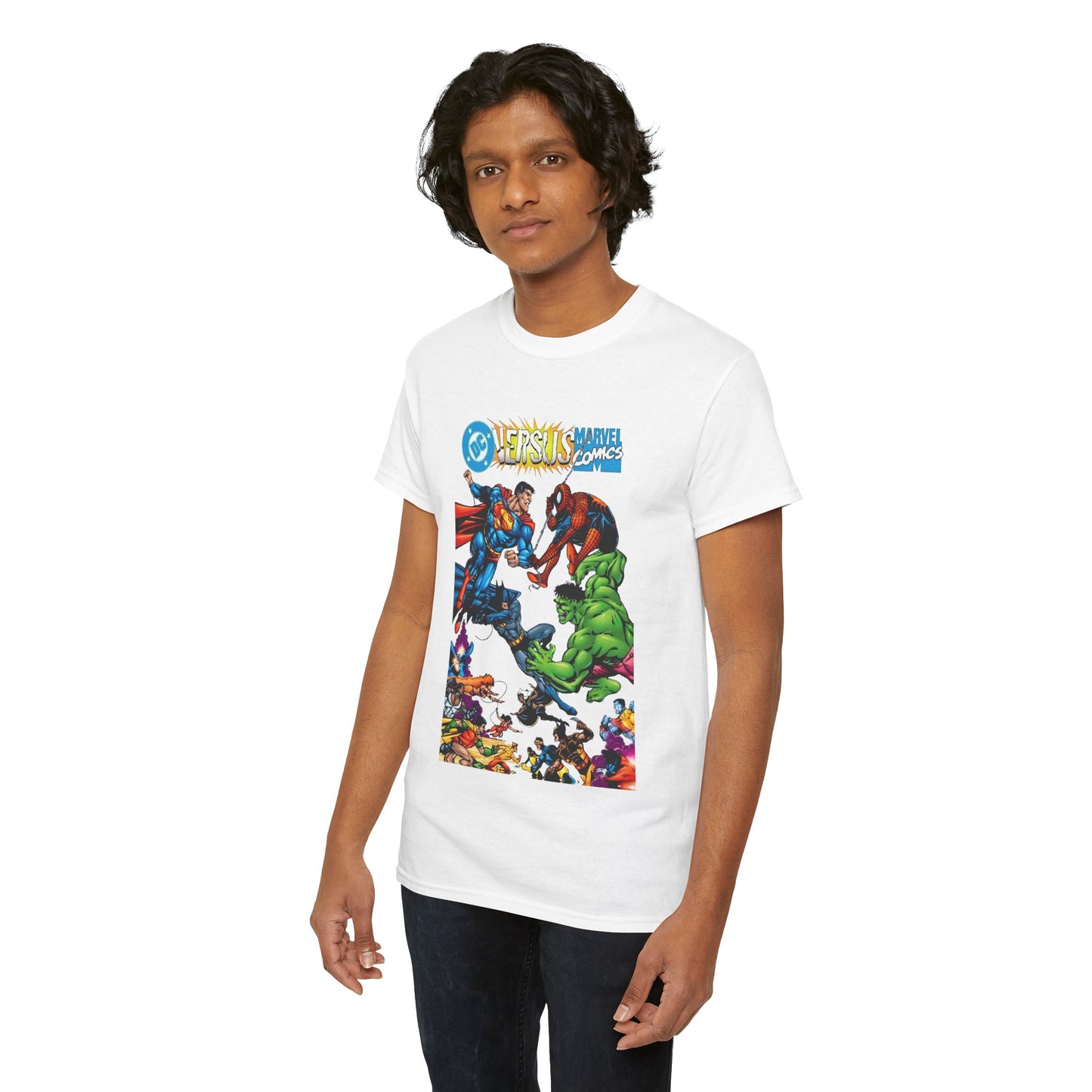 DC Comics Vs Marvel Comics T-Shirt - George Perez Art - Superman, Hulk, Batman, Spider-man, X-Men, New Teen Titans