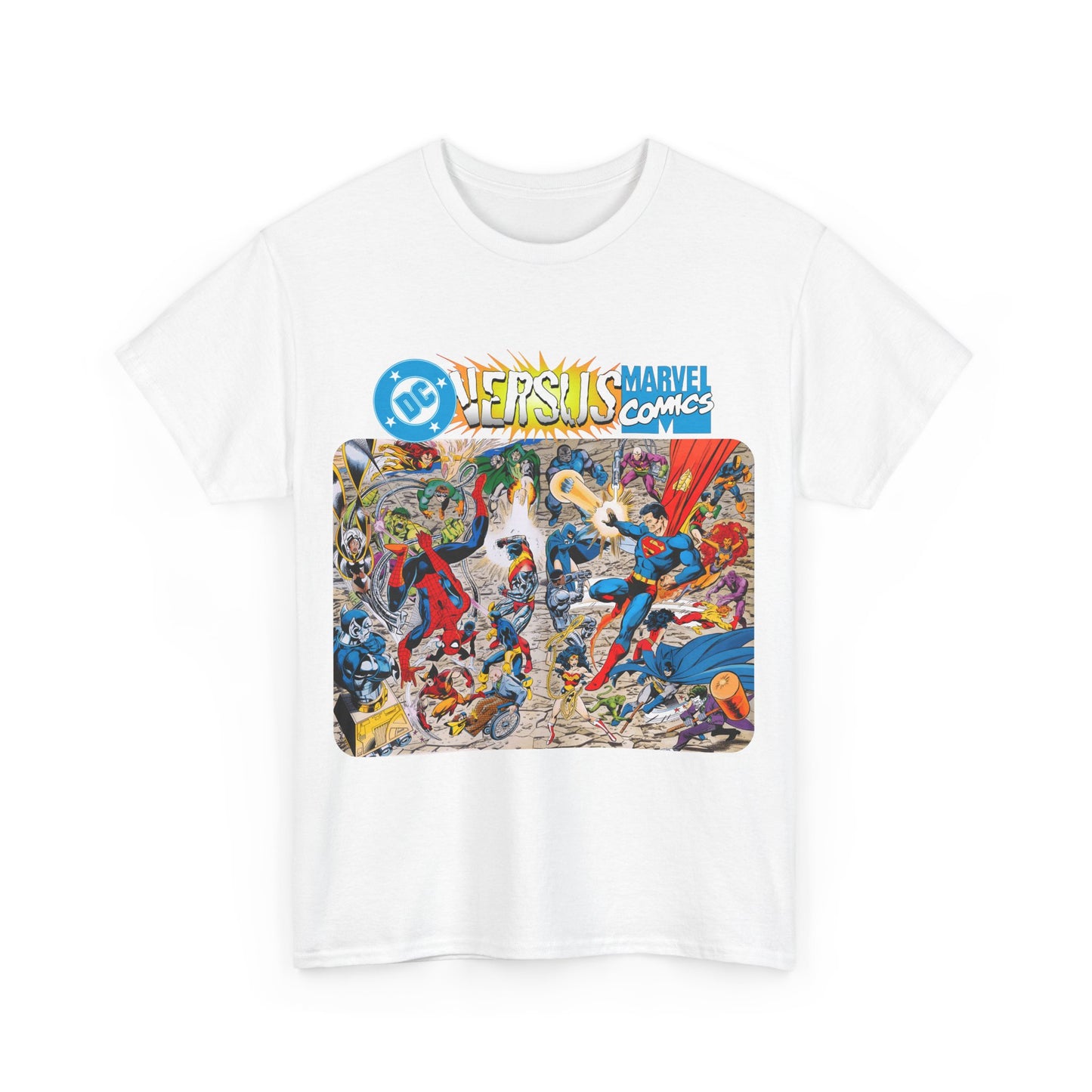 DC Comics Vs Marvel T-Shirt - John Byrne Art - Spider-Man, Raven, Cyborg, Wolverine, Joker, Superman, Batman, Deathstroke, Darkseid