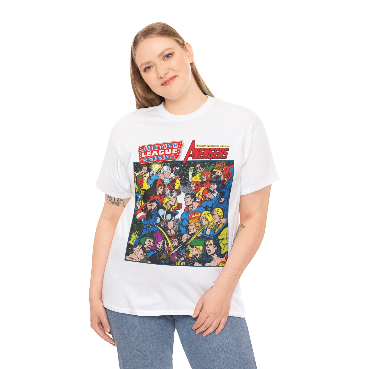 Justice League/Avengers T-Shirt - DC & Marvel Comics Art - George Perez - JLA - Batman, Captain America, Iron Man, Green Lantern