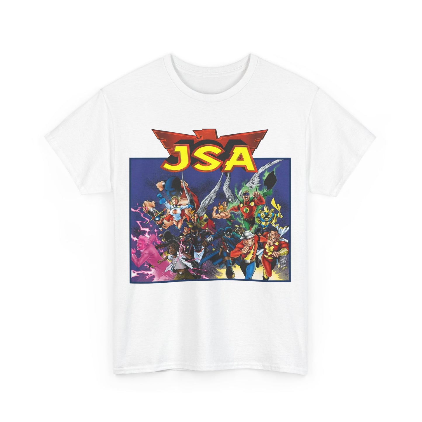 JSA T-Shirt - Carlos Pacheco Art - Green Lantern, Power Girl, Hawkgirl, Black Adam, Flash, Dr Fate, Hawkman - DC Comics - Justice Society of America
