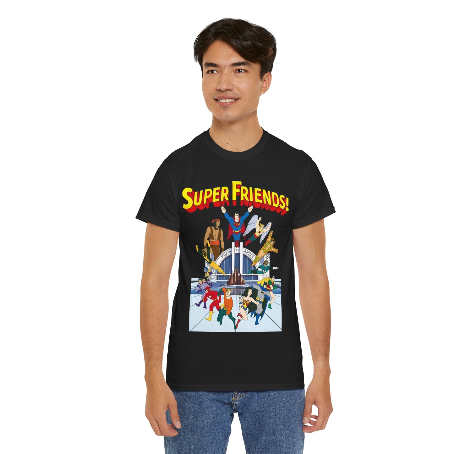 Super Friends T-Shirt - DC Hanna-Barbera - Superman, Wonder Woman, Black Vulcan, Batman, The Wonder Twins, Apache Chief, Hall of Justice